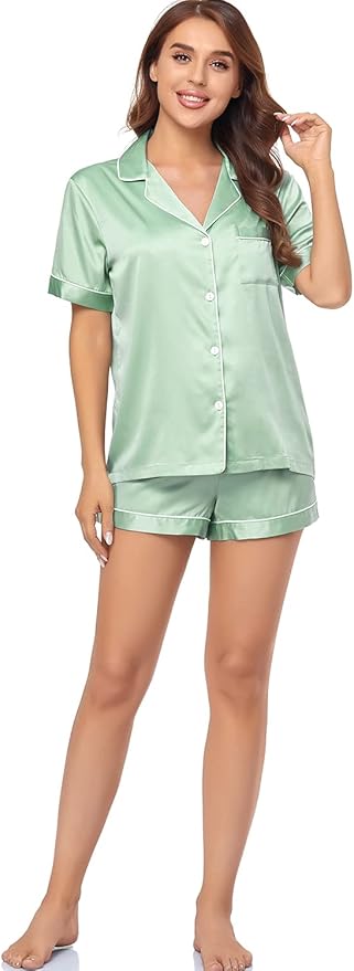 Women's Satin Pajama Set - Short Sleeve - 2 Piece