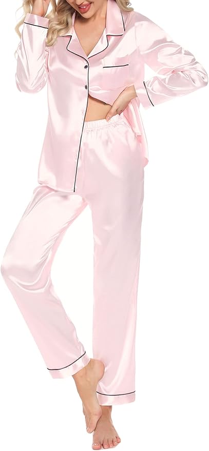 Women's Satin Pajama Set - Long Sleeve - 2 Piece