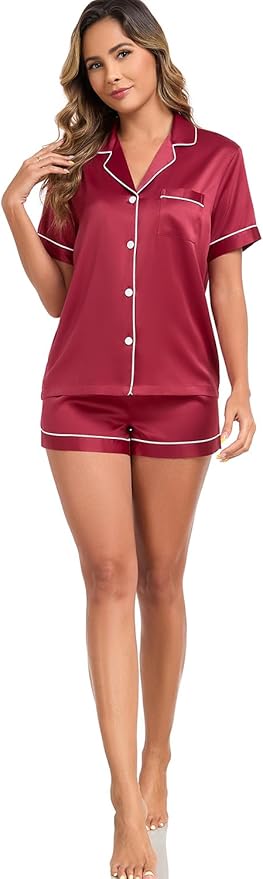Women's Satin Pajama Set - Short Sleeve - 2 Piece