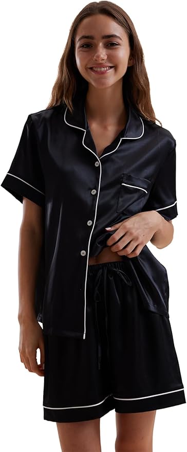 Women's Satin Pajama Set - Short Sleeve - 2 Piece