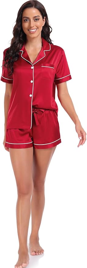 Women's Satin Pajama Set - Short Sleeve - 2 Piece