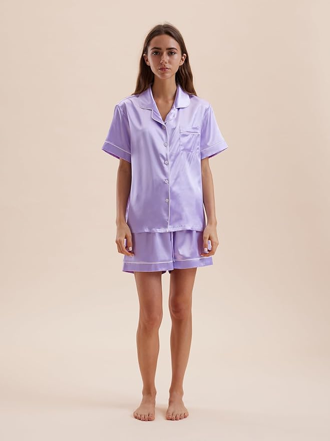 Women's Satin Pajama Set - Short Sleeve - 2 Piece