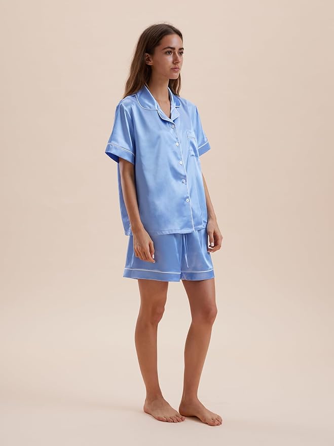 Women's Satin Pajama Set - Short Sleeve - 2 Piece