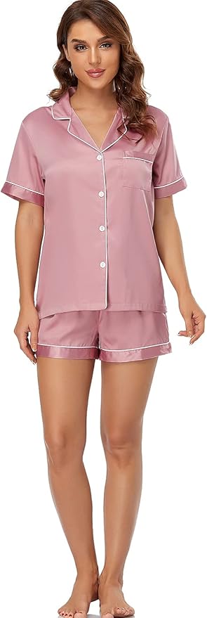 Women's Satin Pajama Set - Short Sleeve - 2 Piece