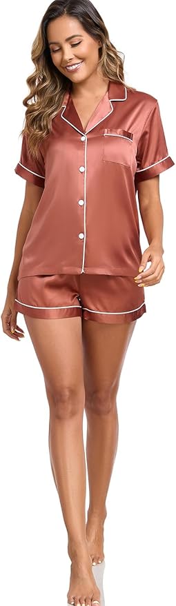 Women's Satin Pajama Set - Short Sleeve - 2 Piece