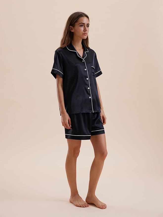 Women's Satin Pajama Set - Short Sleeve - 2 Piece