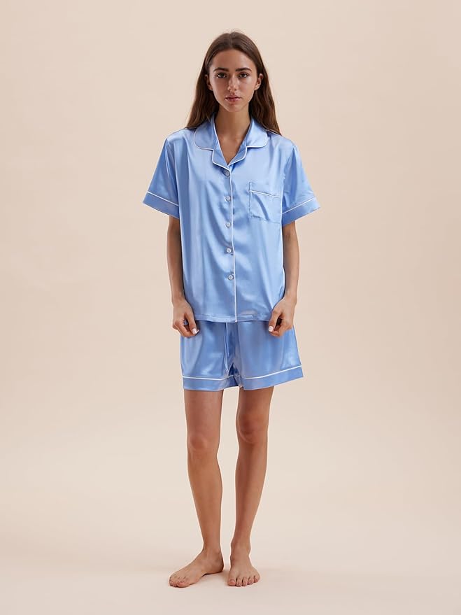 Women's Satin Pajama Set - Short Sleeve - 2 Piece