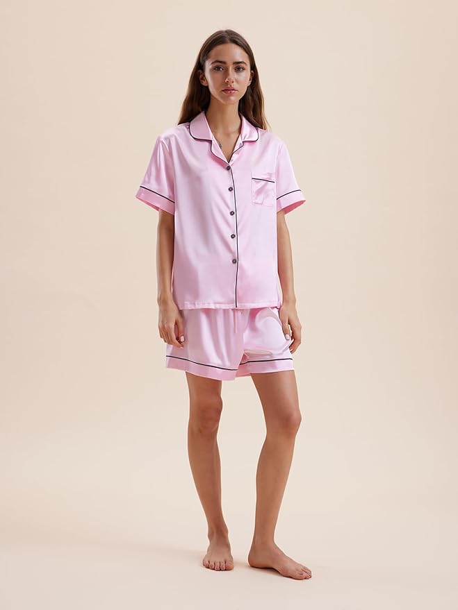 Women's Satin Pajama Set - Short Sleeve - 2 Piece