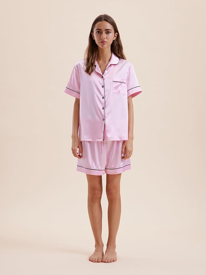 Women's Satin Pajama Set - Short Sleeve - 2 Piece