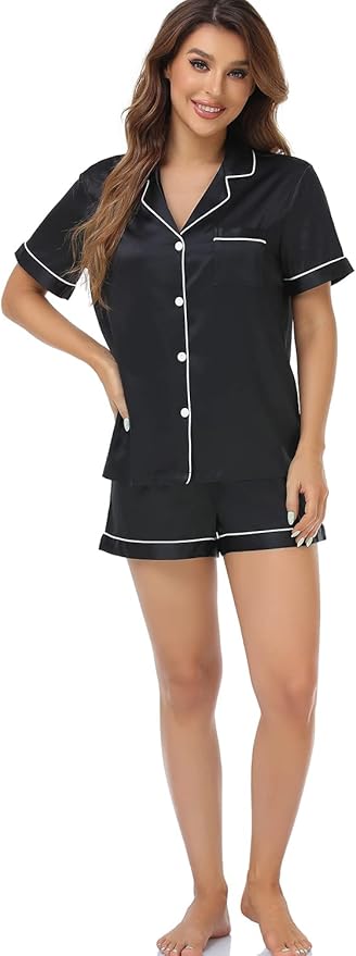 Women's Satin Pajama Set - Short Sleeve - 2 Piece