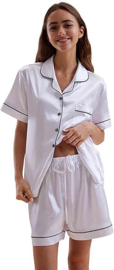 Women's Satin Pajama Set - Short Sleeve - 2 Piece