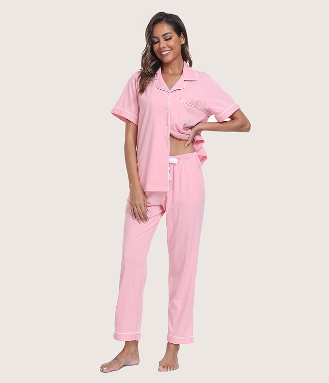 Women's 100% Cotton Pants Pajama Set - Short Sleeve - 2 Piece