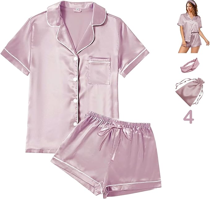 Satin Pajama Set - Short Sleeve - 4 Piece