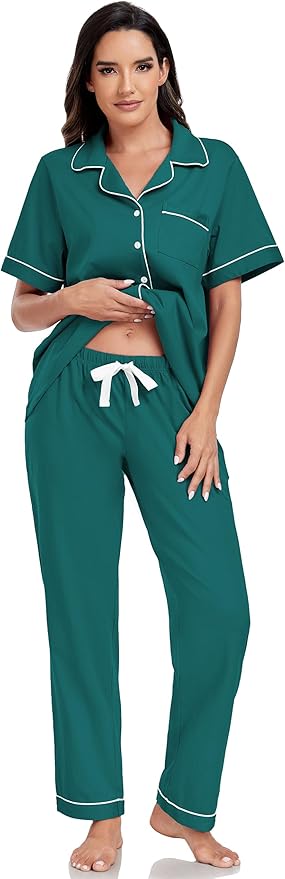 Women's 100% Cotton Pants Pajama Set - Short Sleeve - 2 Piece