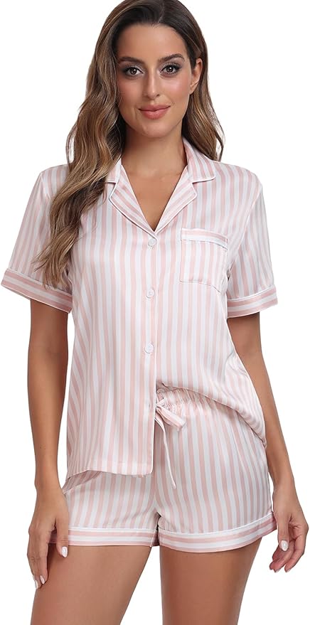 Women's Satin Pajama Set - Short Sleeve - 2 Piece