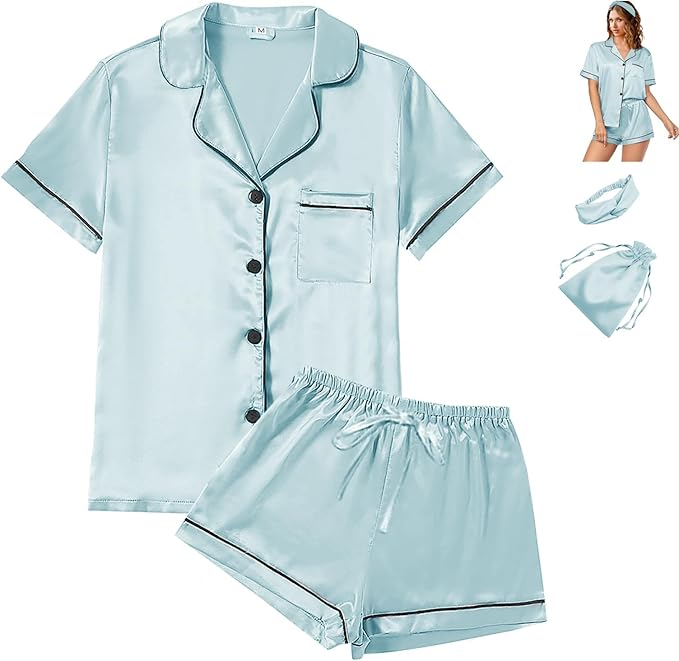 Satin Pajama Set - Short Sleeve - 4 Piece