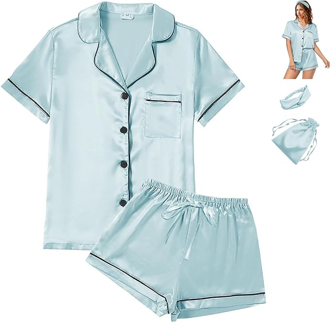 Satin Pajama Set - Short Sleeve - 4 Piece