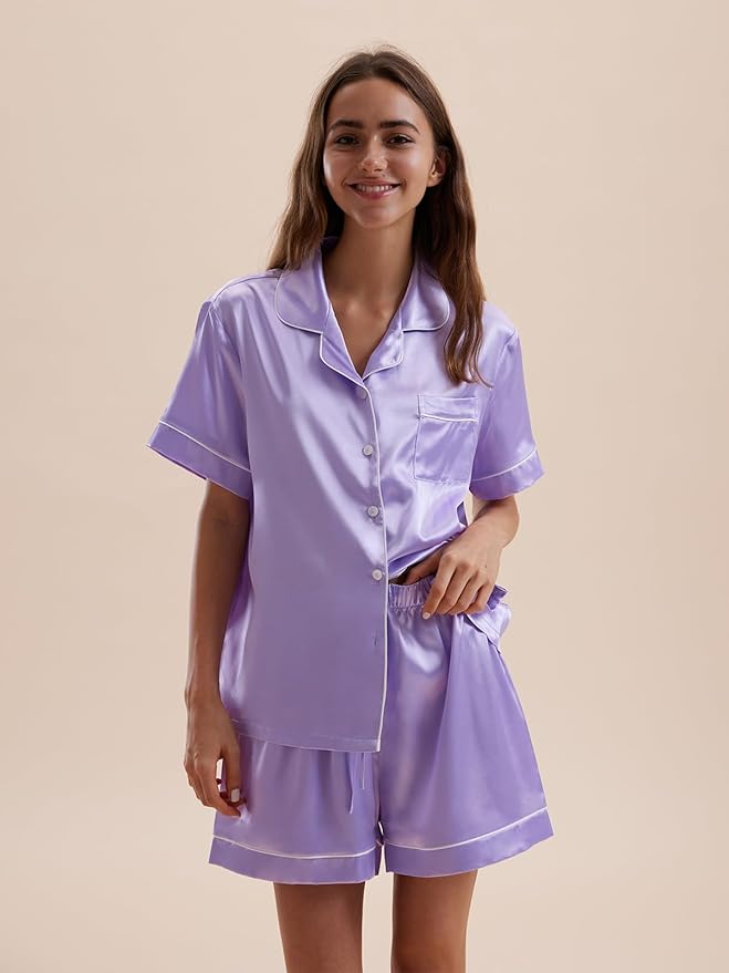 Women's Satin Pajama Set - Short Sleeve - 2 Piece