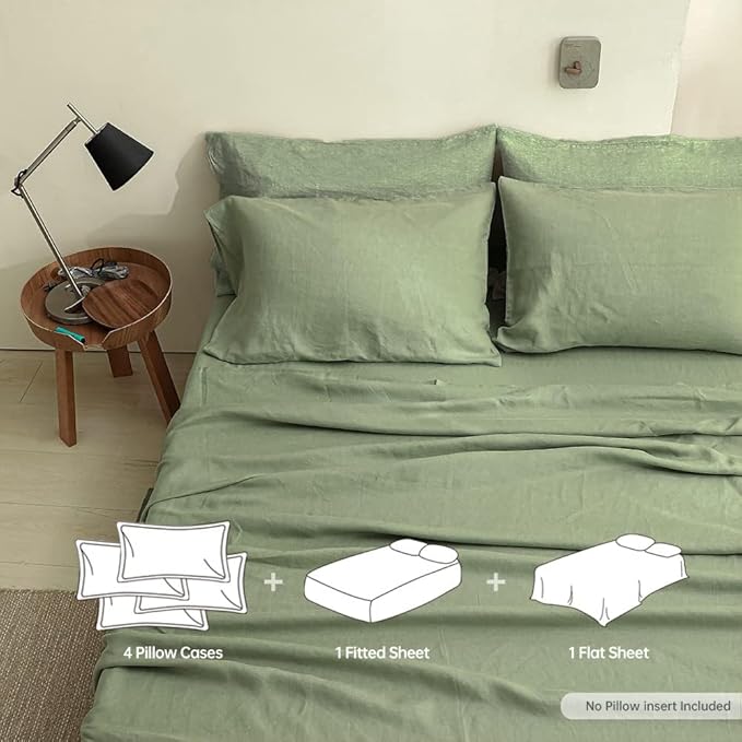 Linen Bed Sheet Set - Queen - 6 Piece