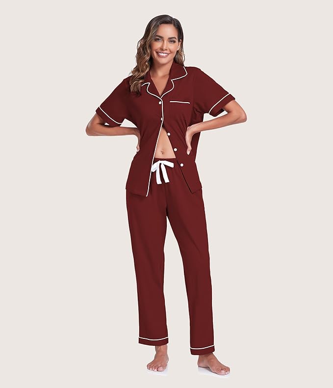 Women's 100% Cotton Pants Pajama Set - Short Sleeve - 2 Piece