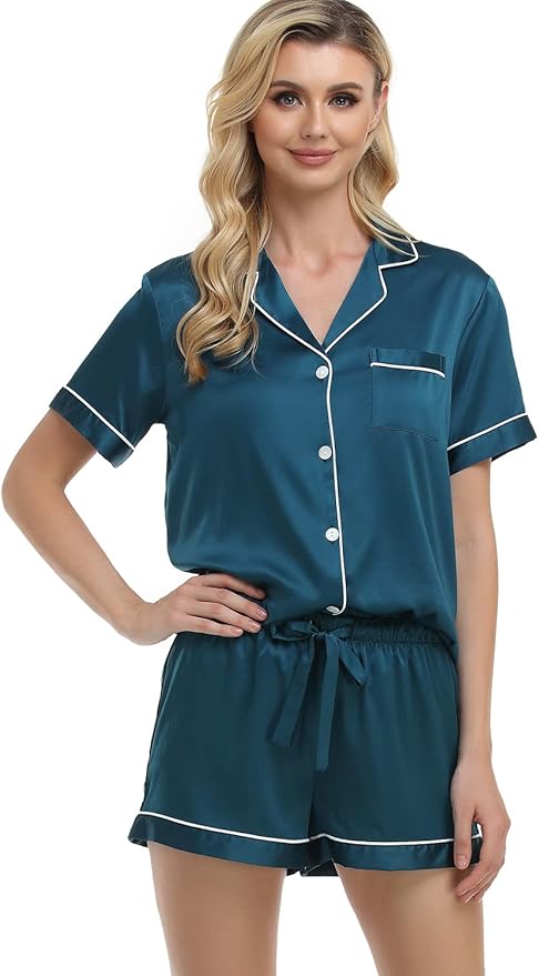 Women's Satin Pajama Set - Short Sleeve - 2 Piece