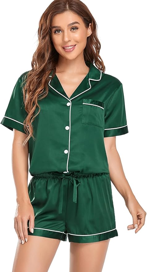 Women's Satin Pajama Set - Short Sleeve - 2 Piece