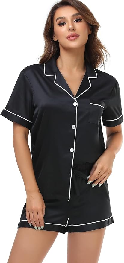 Women's Satin Pajama Set - Short Sleeve - 2 Piece