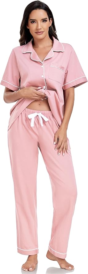 Women's 100% Cotton Pants Pajama Set - Short Sleeve - 2 Piece