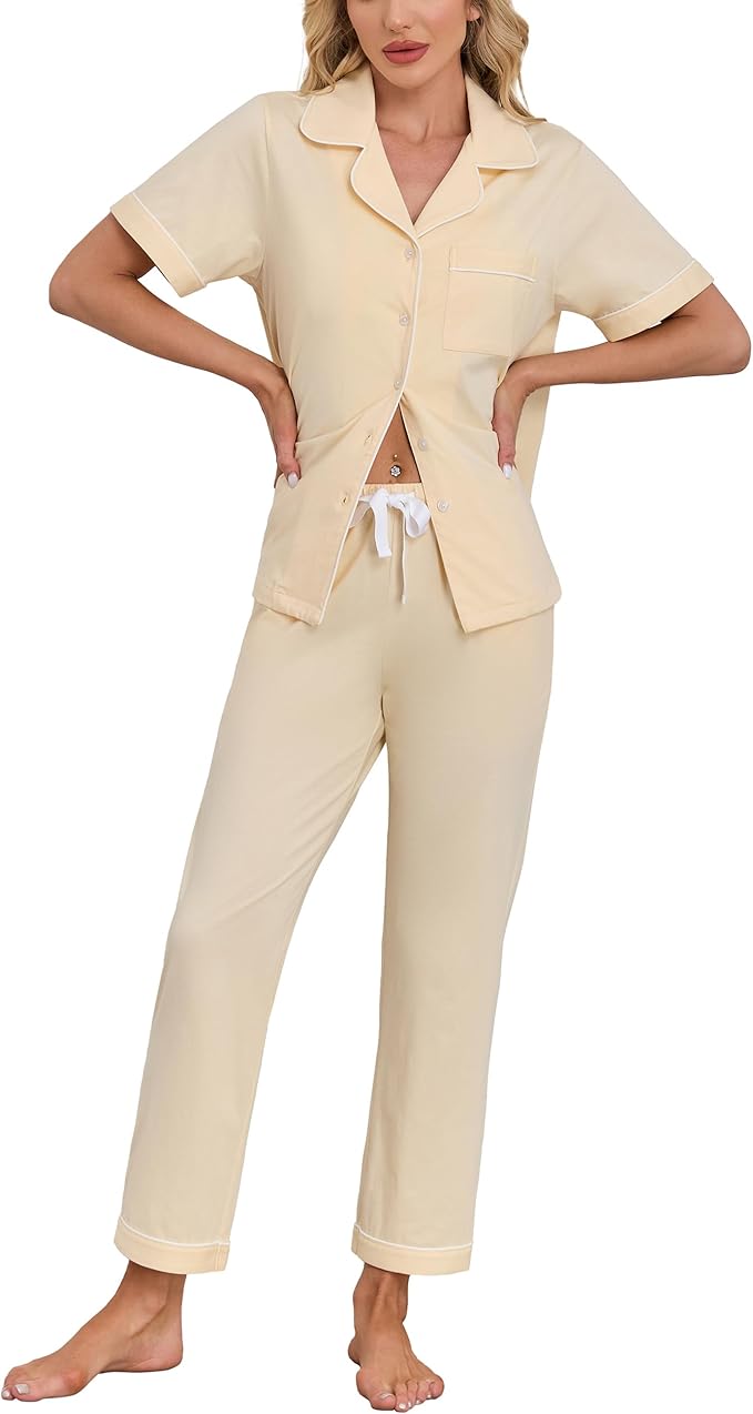 Women's 100% Cotton Pants Pajama Set - Short Sleeve - 2 Piece