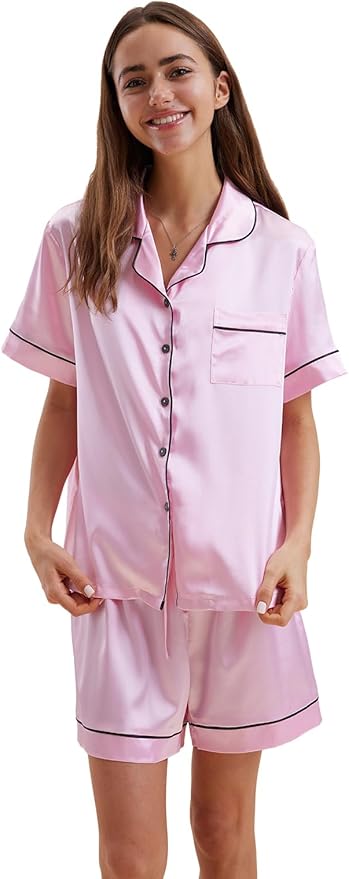 Women's Satin Pajama Set - Short Sleeve - 2 Piece