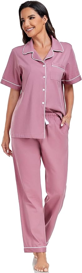 Women's 100% Cotton Pants Pajama Set - Short Sleeve - 2 Piece