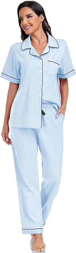 Women's 100% Cotton Pants Pajama Set - Short Sleeve - 2 Piece