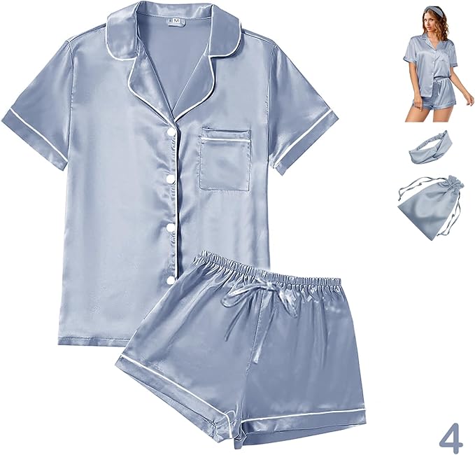 Satin Pajama Set - Short Sleeve - 4 Piece