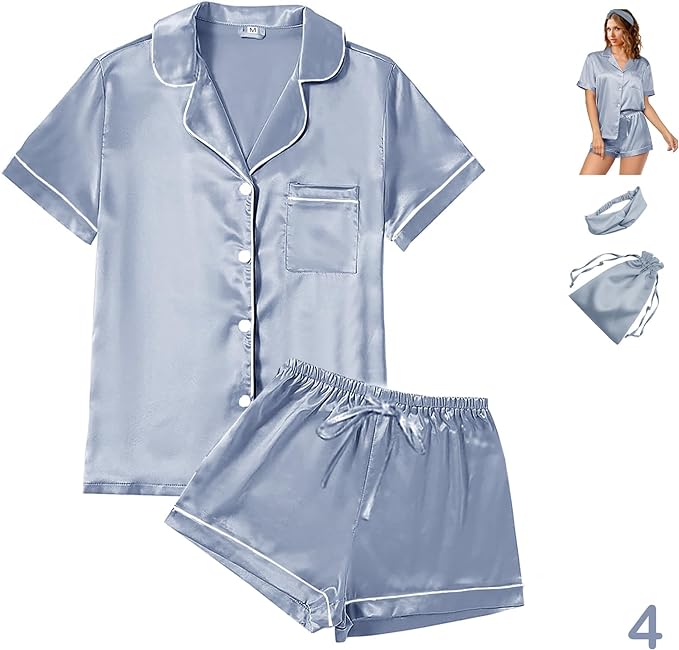 Satin Pajama Set - Short Sleeve - 4 Piece