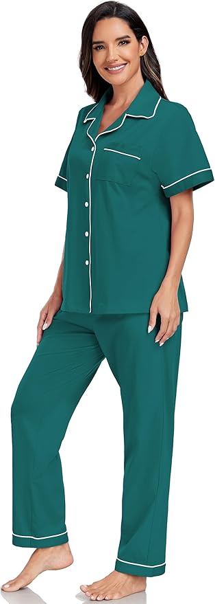 Women's 100% Cotton Pants Pajama Set - Short Sleeve - 2 Piece