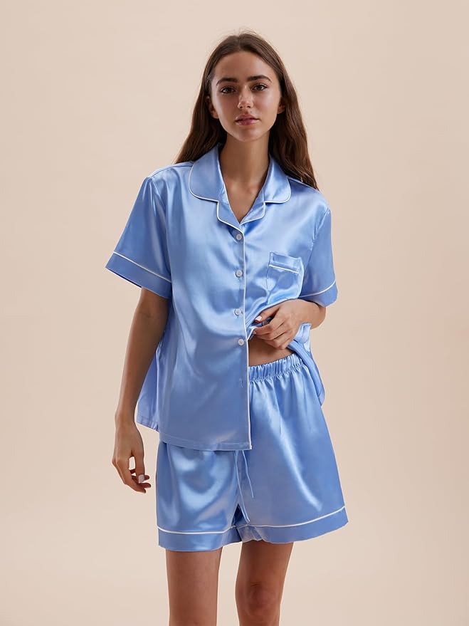 Women's Satin Pajama Set - Short Sleeve - 2 Piece