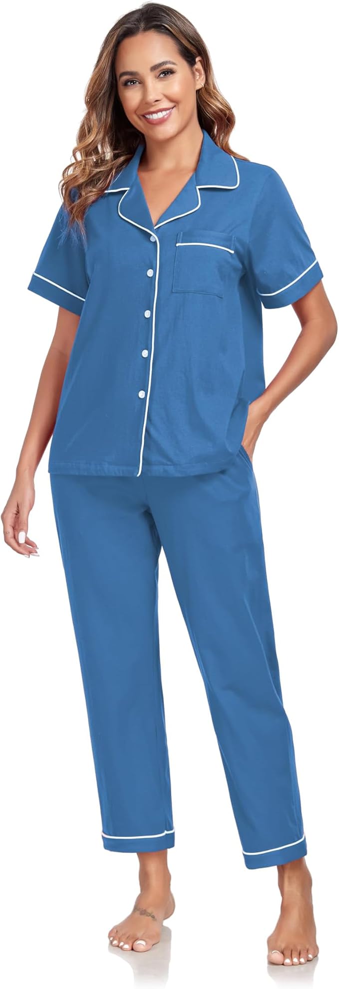 Women's 100% Cotton Pants Pajama Set - Short Sleeve - 2 Piece