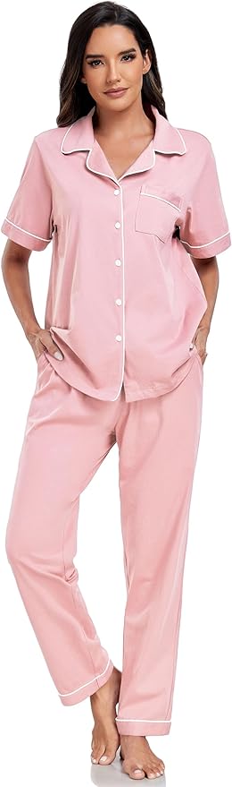 Women's 100% Cotton Pants Pajama Set - Short Sleeve - 2 Piece