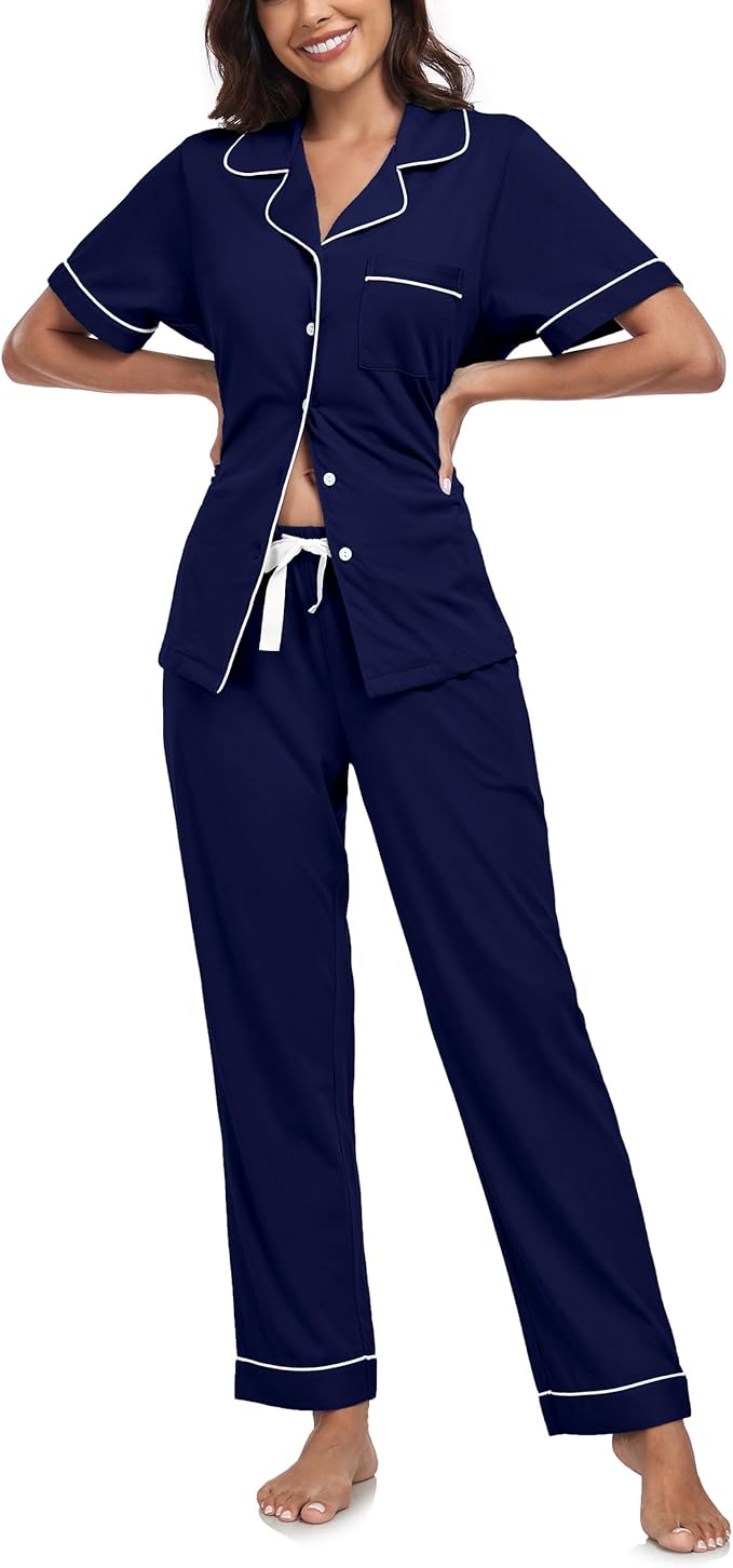 Women's 100% Cotton Pants Pajama Set - Short Sleeve - 2 Piece
