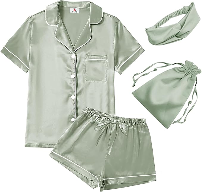 Satin Pajama Set - Short Sleeve - 4 Piece