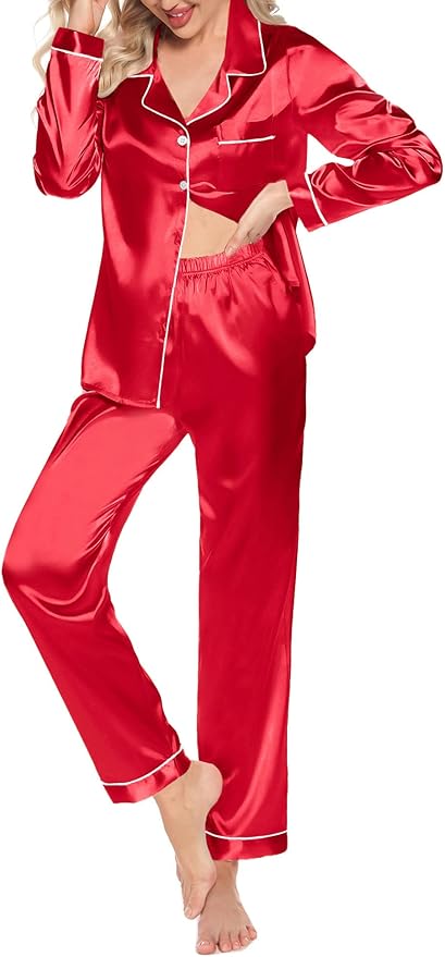 Women's Satin Pajama Set - Long Sleeve - 2 Piece
