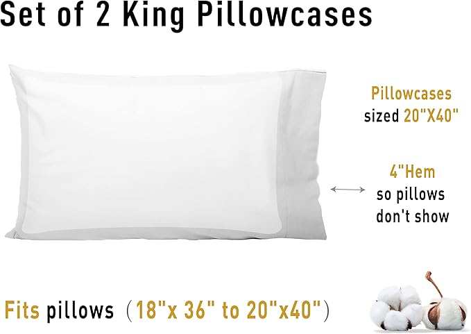 100% Cotton Pillowcase Set - King - 20 x 40 in - 2 Piece