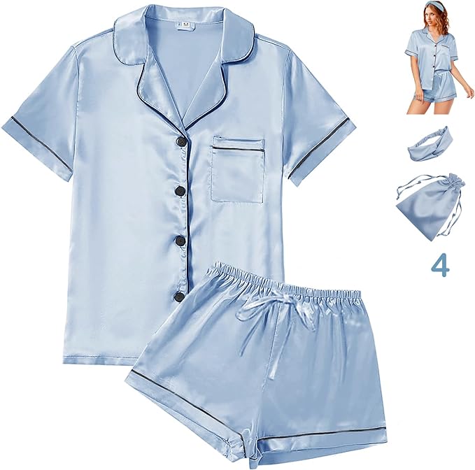 Satin Pajama Set - Short Sleeve - 4 Piece