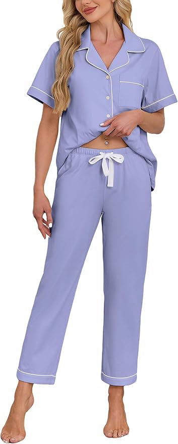 Women's 100% Cotton Pants Pajama Set - Short Sleeve - 2 Piece