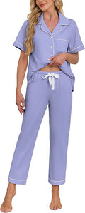 Women's 100% Cotton Pants Pajama Set - Short Sleeve - 2 Piece