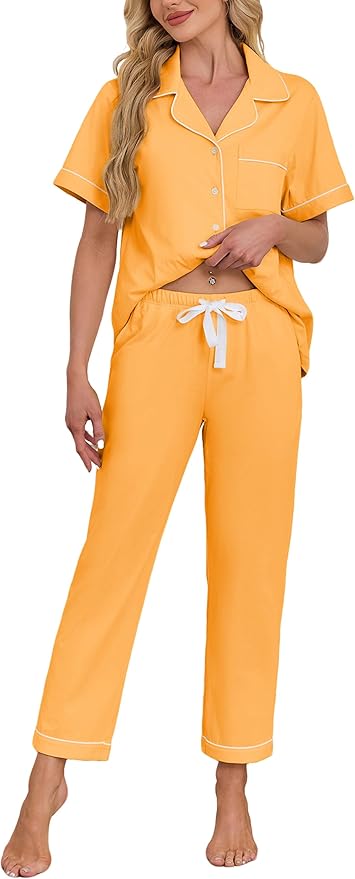 Women's 100% Cotton Pants Pajama Set - Short Sleeve - 2 Piece