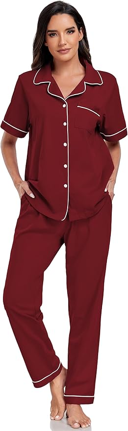 Women's 100% Cotton Pants Pajama Set - Short Sleeve - 2 Piece