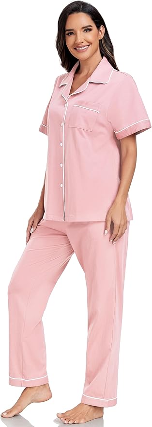 Women's 100% Cotton Pants Pajama Set - Short Sleeve - 2 Piece