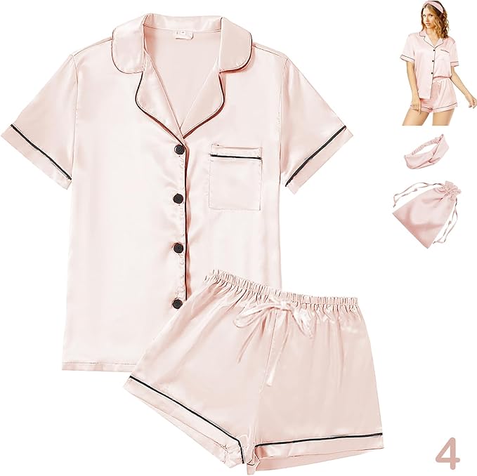 Satin Pajama Set - Short Sleeve - 4 Piece