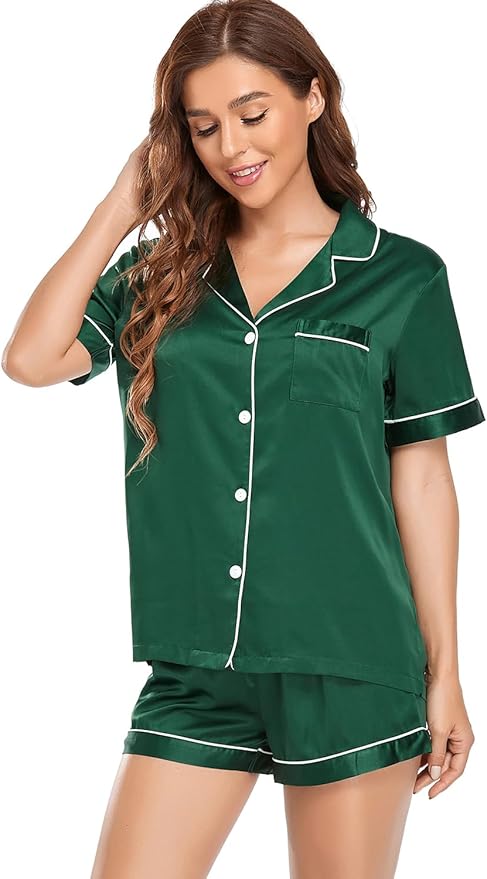 Women's Satin Pajama Set - Short Sleeve - 2 Piece